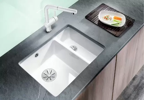 Мойка Blanco SUBLINE 350/150-U керамика отводная арматура InFino® базальт фото 3